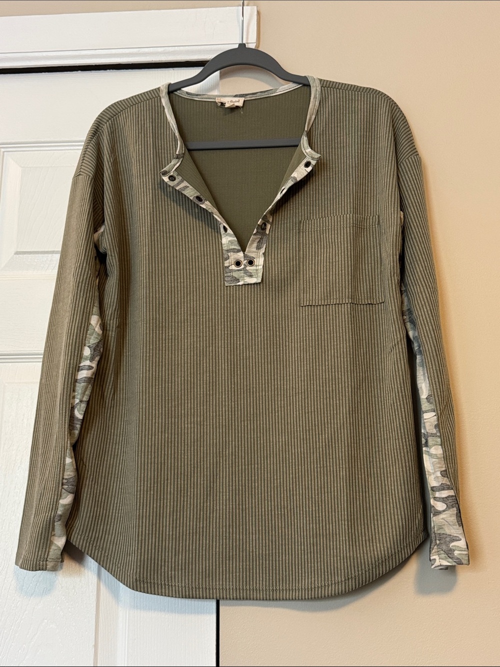 Hem & Thread Olive Green Ribbed Henley with Camo Trim